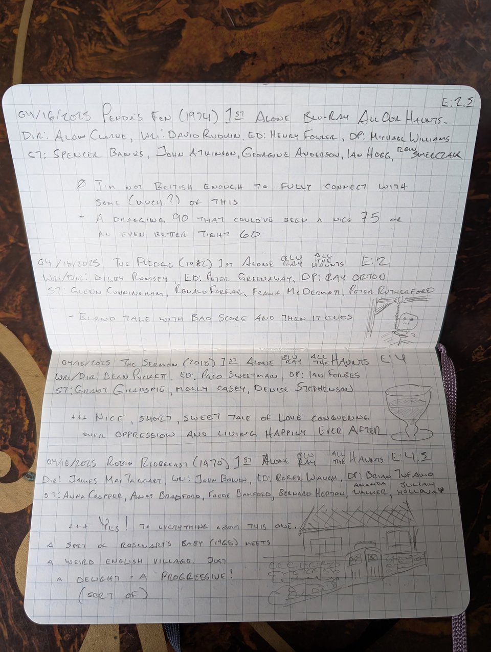 A quad-ruled notebook with handwritten notes/drawings about the movies Penda’s Fen, The Pledge, The Sermon, and Robin Redbreast.