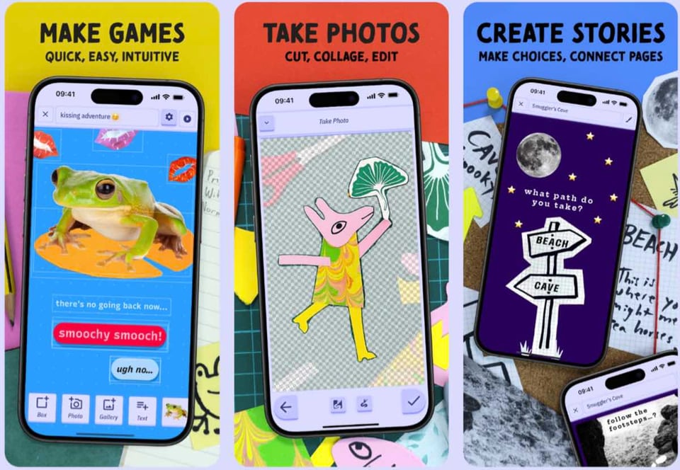 Screenshots of people making things in Downpour, with annotations: "Make Games", "Take Photos", "Create Stories"