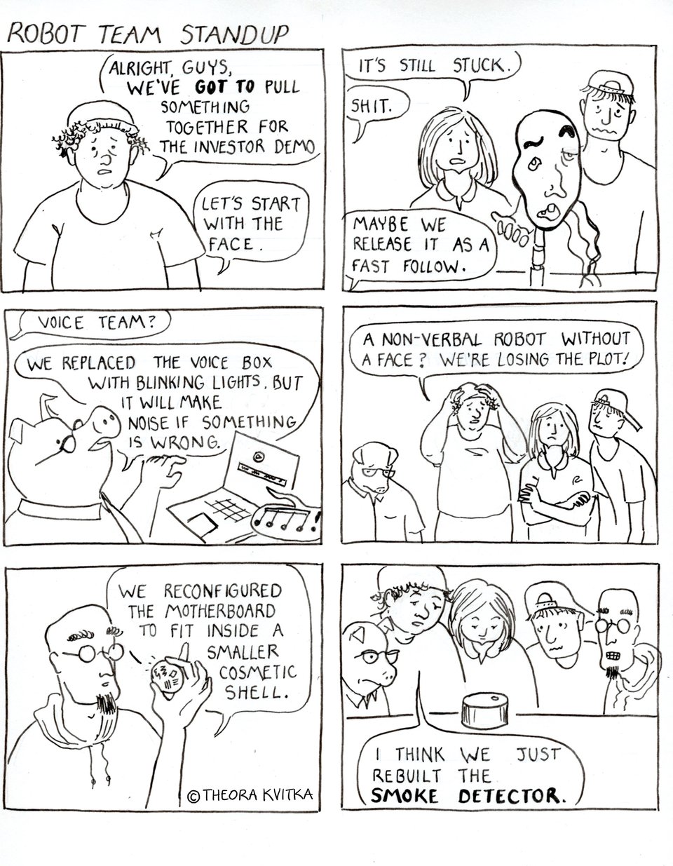 Six panel cartoon of a team stand-up meeting discussing a hardware prototype
