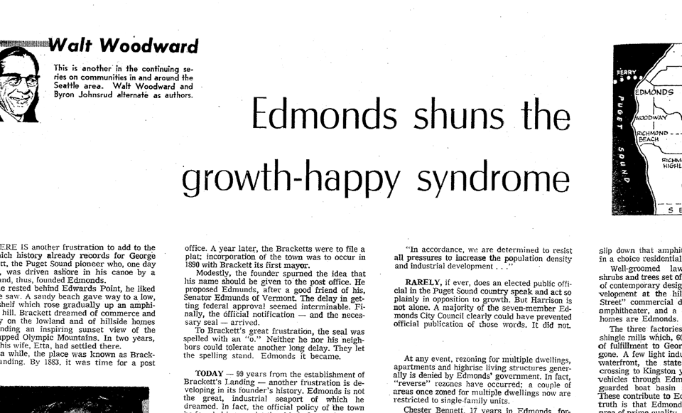 Newspaper with headline "Edmonds shuns the growth happy syndrome"