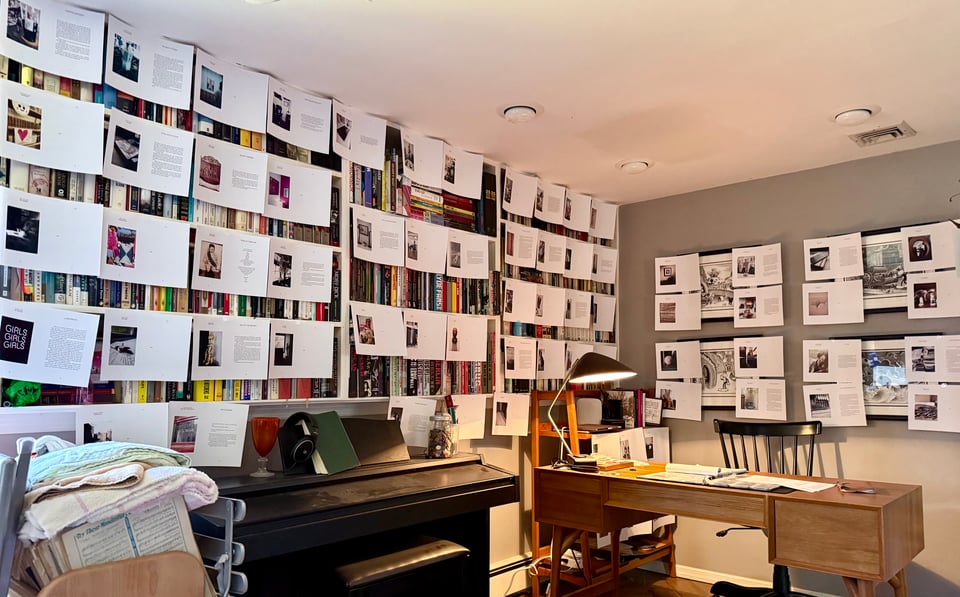 photo of a study/library with printouts of 2-page spreads of photos and text taped up EVERYWHERE in kinda disturbing rows, over the bookshelves and prints