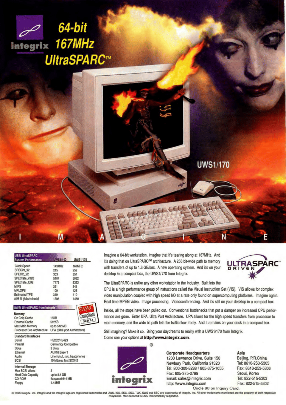 A magazine advertisement from the mid 90s depicting a desktop computer, keyboard, mouse, and a monitor that appears to have a skeleton stepping out of it. The computer is placed in a volcanic atmosphere surrounded by fire. In the background are two large Pierrot style clowns looking down at the computer.