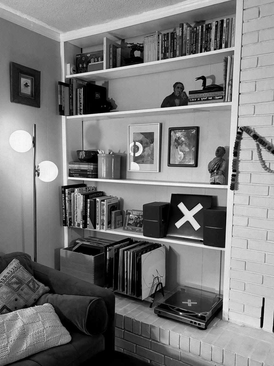 new shelves with books and records on them