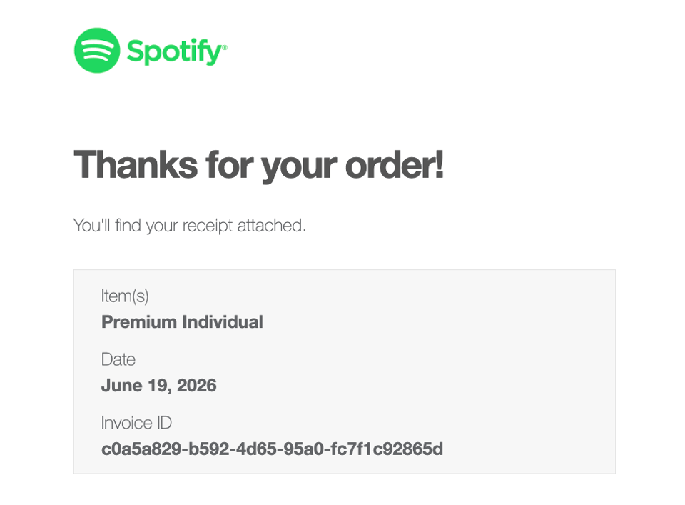 Spotify order confirmation screenshot, shows date and invoice number