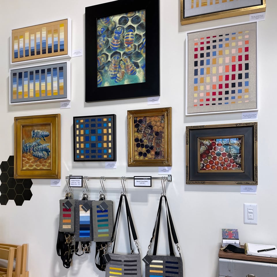 Mary Pow's art and handbags