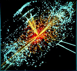 A scientific visualization of a particle collision on a black background, showing bright red and orange energy at the center with numerous yellow and light-blue streaks radiating outward in curved and straight lines. Small dots and track-like patterns spread across the image, resembling data from a high-energy physics experiment.