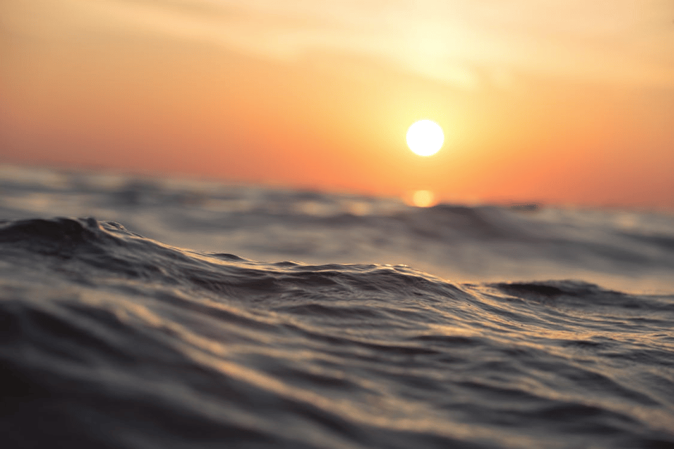 A close-up view of gentle ocean waves at sunset, with the low sun casting golden and orange light across the rippling surface. The horizon glows softly, blending warm hues of orange, pink, and gold into the fading blue of the sea.