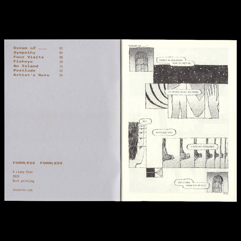 Interior cover with table of contents and a fragmented comic of meeting someone you don't remember in a dream.