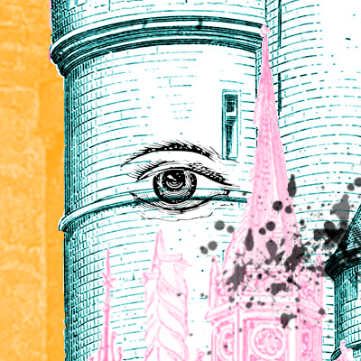 A line drawing of an elaborate tower, colourised pink and teal and peach. A trail of spilled black ink leads to an illustration of an eye in the middle.