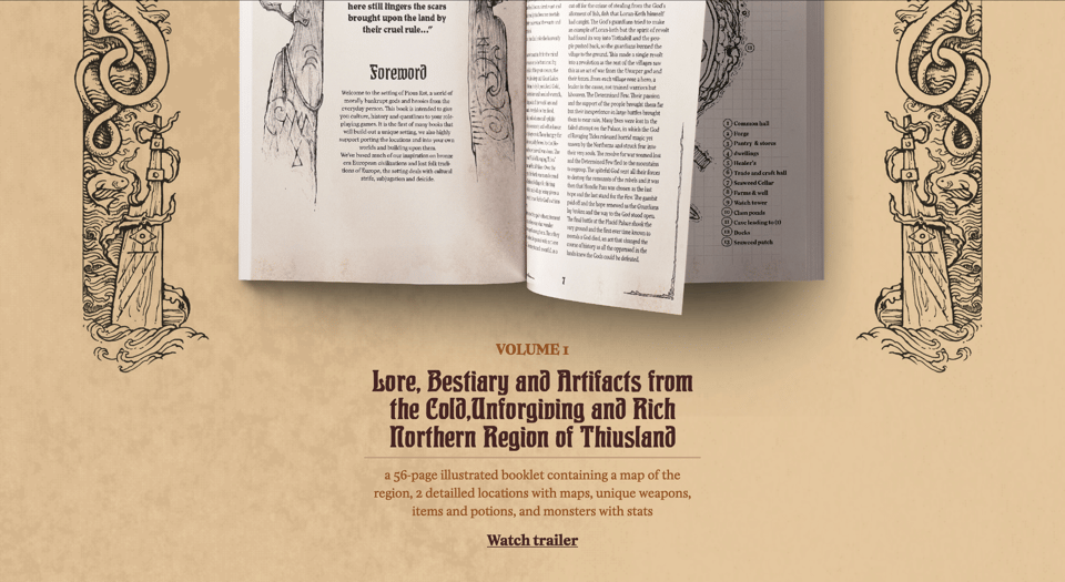 screenshot of the pious rot website with illustrated borders and a preview of the first booklet
