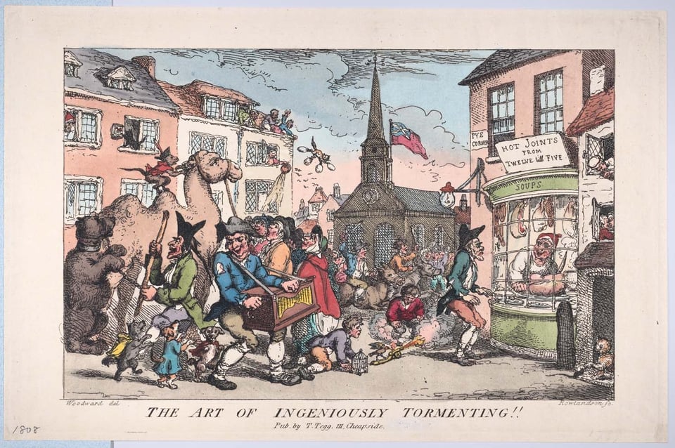 A satirical print showing people with grotesque features milling around a town square. At one end, a camel is being driven by a monkey and a bear is chained up. At the other end, a butcher is advertising "hot joints from twelve to five"