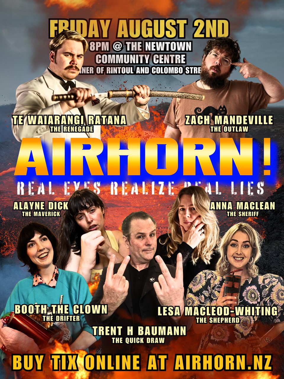 a poster showing the lineup of this month's airhorn, with all the performers placed like a collage above an erupting volcano.