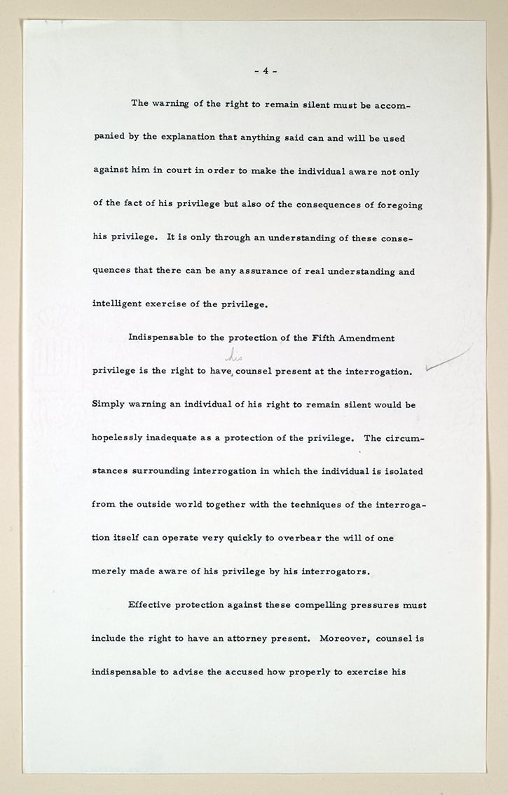 Page of the manuscript written by Chief Justice Earl Warren regarding the Miranda v. Arizona case. Description via Library of Congress: "Chief Justice Earl Warren (1891–1974) wrote the majority opinio