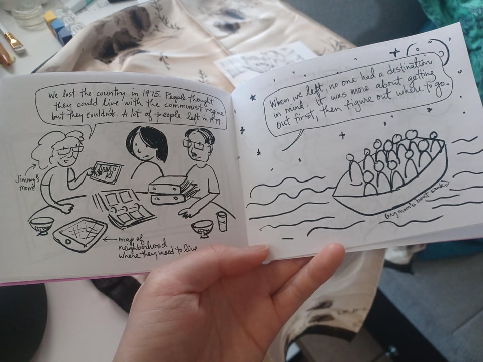 illustrated spread from zine. On left, auntie shares stories. On right, boat people navigate night on the water.