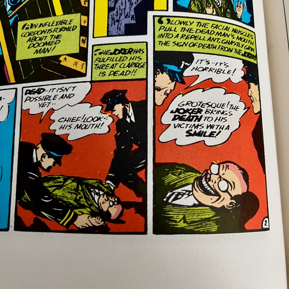 panels from a 1940 issue of the Batman comic book, depicting a victim of the Joker