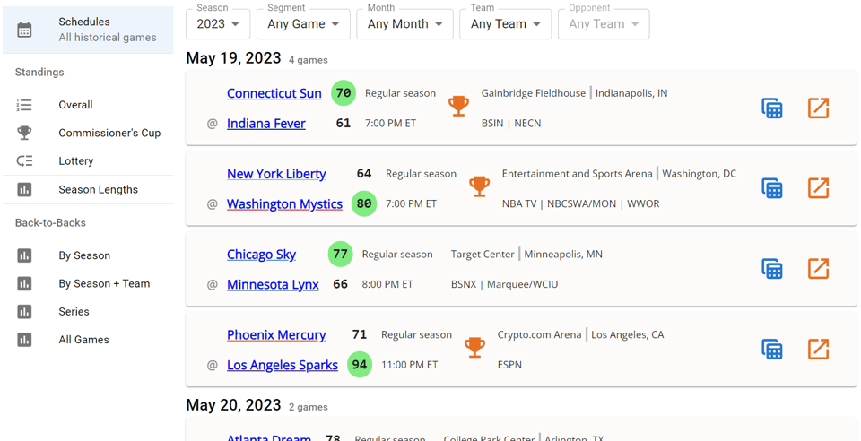 2023 WNBA schedule page with an updated look and broadcast information