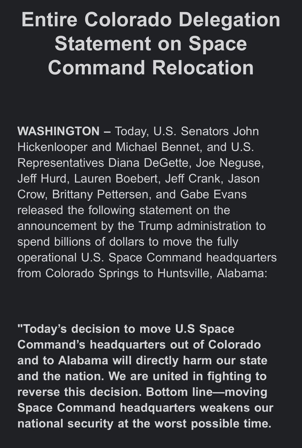 The entire Colorado Congressional Delegation responds Part 1