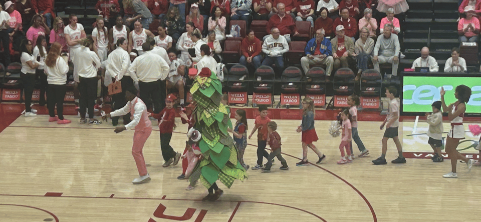 The Stanford tree leading a conga line between the first and second quarters on Sunday, February 1, 2026.