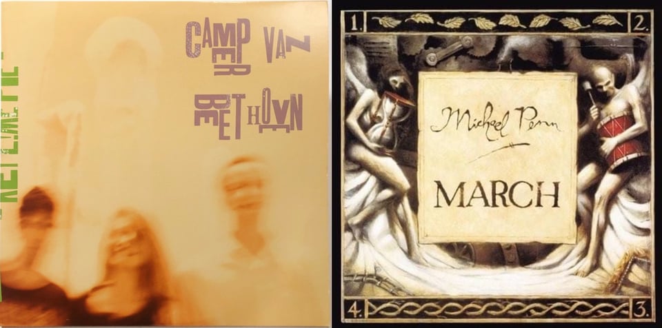 First pic: A extremely blurry photograph of three smiling people, presumably members of Camper Van Beethoven. They appear to be standing in front of some kind of statue, but the picture is so blurry and overexposed and manipulated that I'm not sure what it is or even if it's really there. The overall color of the photo is an extremely light brown-orange. Second pic: This is a painting. In the middle is a kind of beige parchment with "Michael Penn" and "MARCH" on it. On either side of the parchment are two figures. On the left is a woman with bird wings holding an hour glass. On the right is a bald man, also possibly with wings, holding a red drum and a drumstick; he has a slightly sinister, even demonic, look on his face. They are sitting on a white fabric that suggests snow.