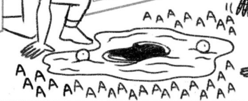 A puddle with eyeballs in it and a screaming mouth