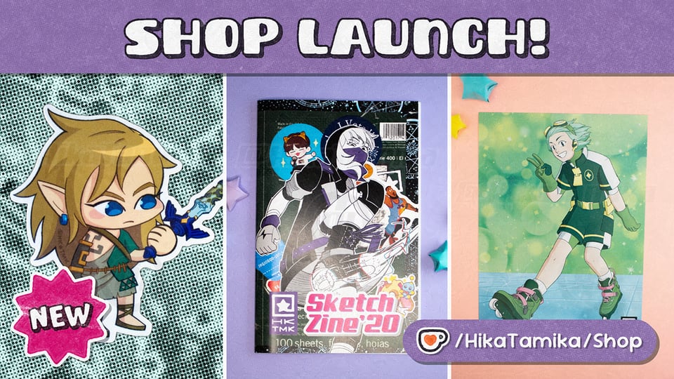 Shop Launch promotional flyer, showing off a Legend of Zelda sticker, my 2020 SketchZine, and an Original Character art print.