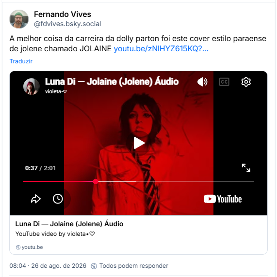 Post de Fernando Vives (@fdvives.bsky.social): A melhor coisa da carreira da dolly parton foi este cover estilo paraense de jolene chamado JOLAINE youtu.be/zNlHYZ615KQ?... (post contém link pro youtube)