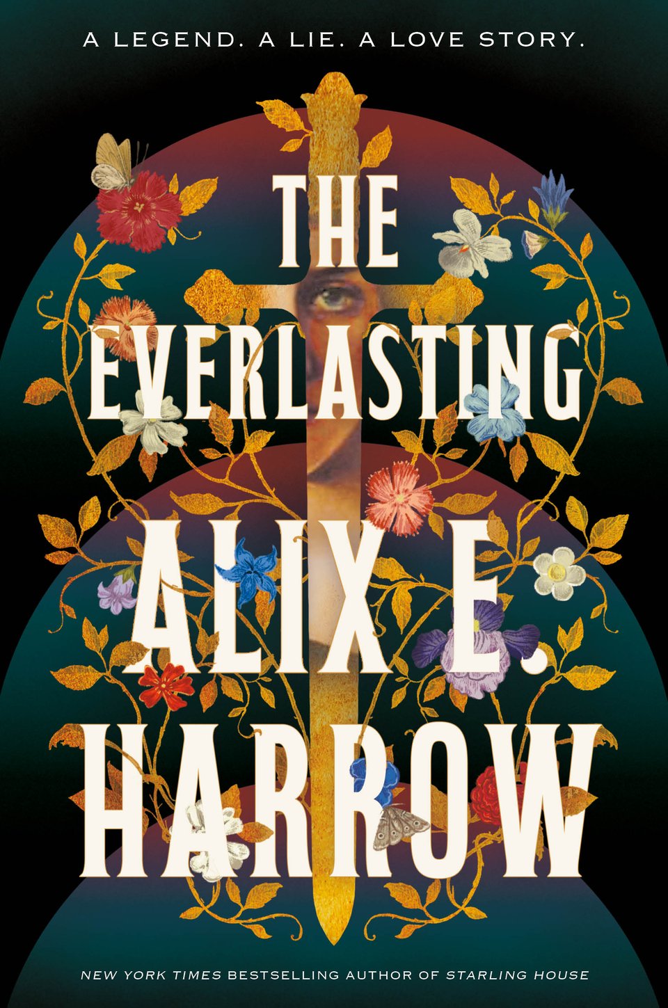 the cover for the everlasting by alix e. harrow. there's a sword, some flowers, and some vague blue circles