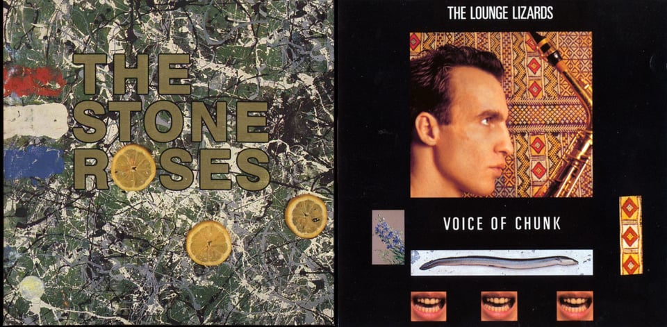 First pic: This is a painting in a Jackson Pollock style, of splatters of white and black paint on a dark green background. On the left are three thick strips of paint, one red, one white, one blue. There are three circular slices of an orange or lemon on the canvas as well. THE STONE ROSES in gold lettering is in the center, and one of those slices forms the O of Roses. Second pic: A color photograph of (I believe) bandleader John Lurie in profile. He is a white man with short brown hair in a widow's peak, with a long flat nose. Behind him is a complex pattern of diamonds and lines, possibly from a rug. He is facing a saxophone, that we can only see the top part of. Below this picture are several rectangles with other pictures. There is a sprig of some kind of flower, possibly lavender. There is a close-up of the diamond pattern from the rug or wall drapery or whatever it is. There is a picture of an eel. Along the bottom are three pictures of the same exact mouth, slightly open and revealing all their teeth.