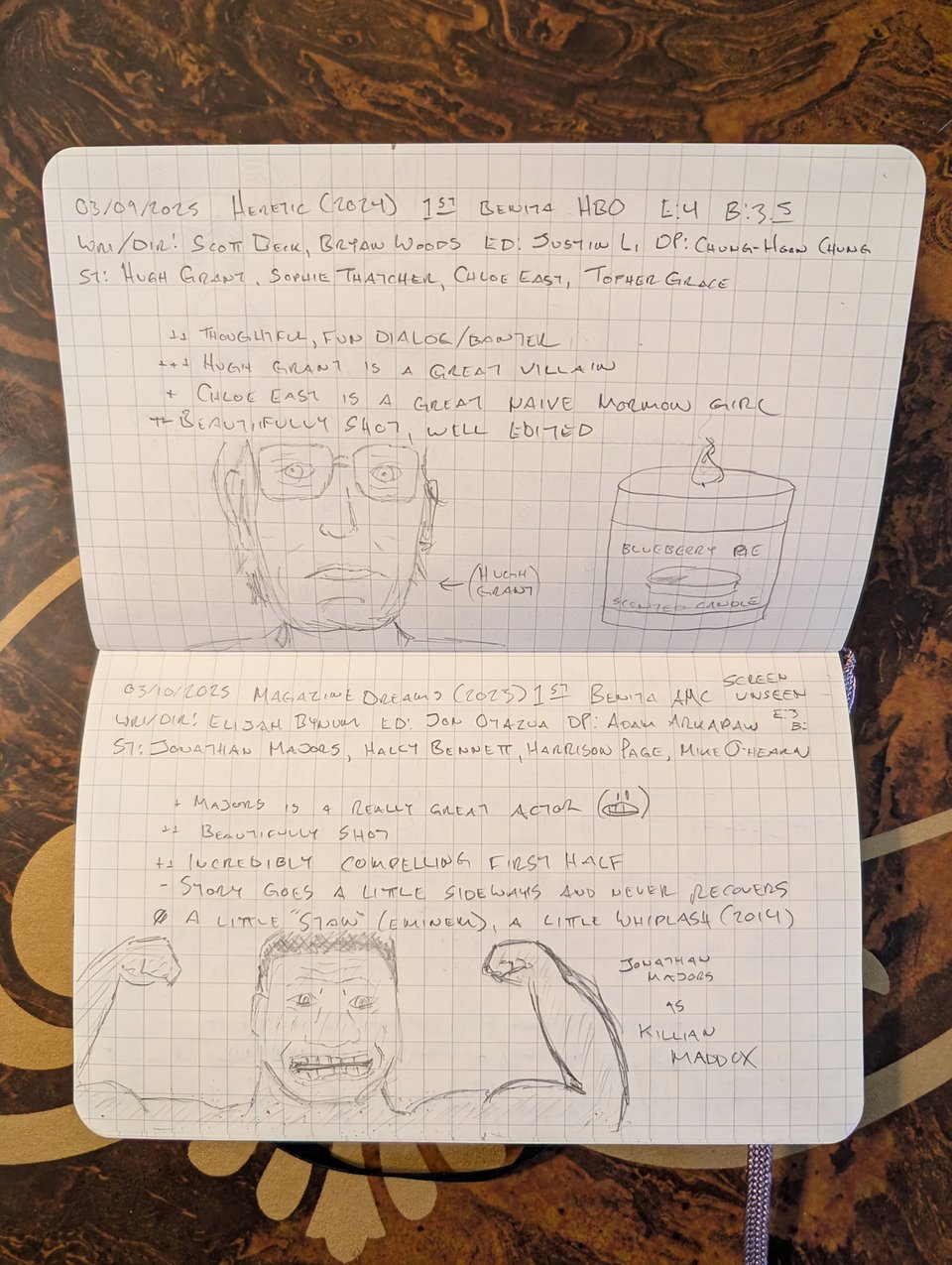 A quad-ruled notebook with handwritten notes/drawings about the movies Heretic and Magazine Dreams.