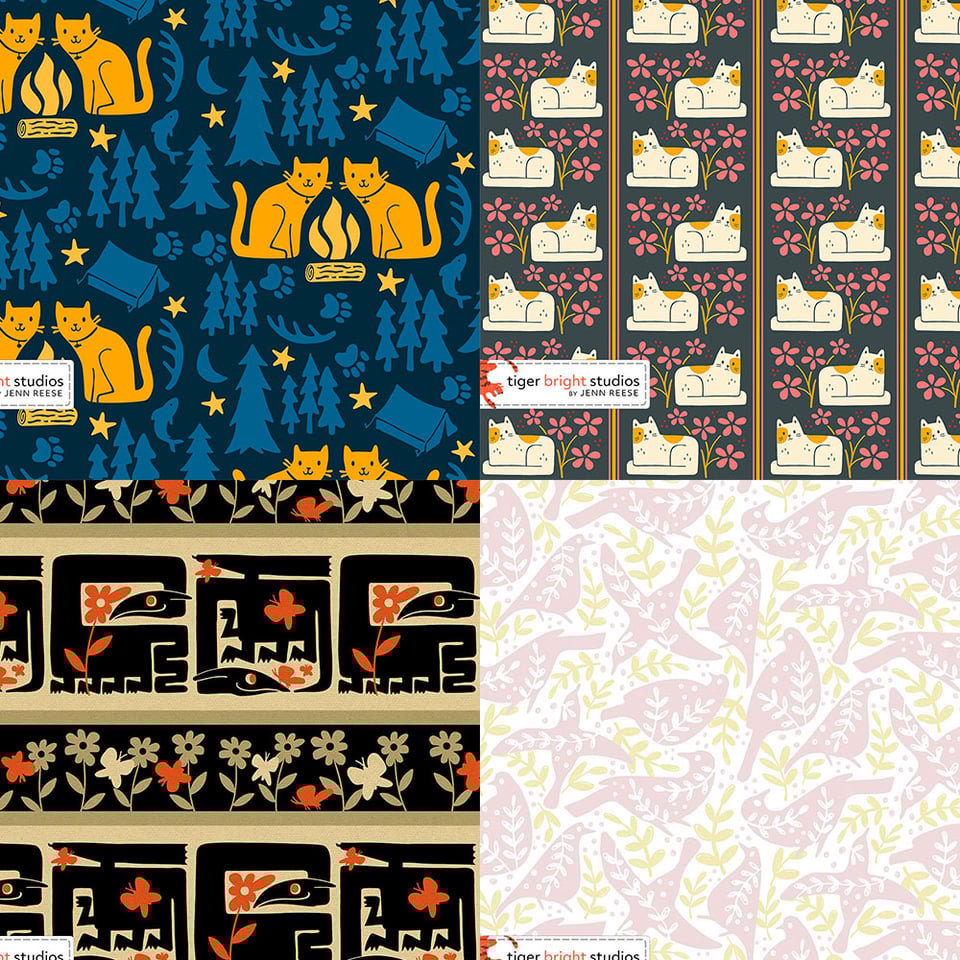 Four pattern designs. 1. A pair of yellow cats surround a campfire. Dark blue trees and tents and stars fill in the space. 2. A striped pattern of calico cats and pink flowers. 3. Whimsical black dragons alternate on a earthy brown background with butterflies and flowers interspersed. 4. Pale pink birds fly amongst stylized plants in pale yellow.