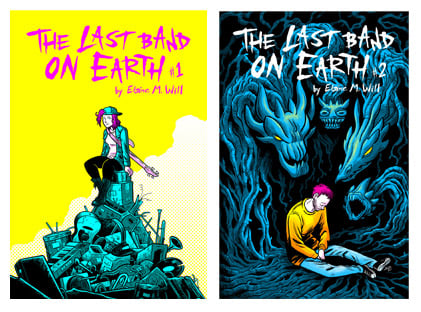 The cover artwork to "The Last Band On Earth" #1 and #2. Cover #1 depicts Nat, a woman with pink hair wearing a denim jacket, a white t-shirt, black leggings, knee-high boots, and a backwards baseball cap. She has a bass guitar slung over her shoulder and is sitting on a pile of broken instruments. The colour palette is entirely neon "CMYK" shades. Cover #2 depicts Will, a man with thinning hair and a 5 o' clock shadow, sitting on the ground sadly staring into his lap. He is surrounded by several blue dragon-like monsters, whose bodies are composed of coiled vines.
