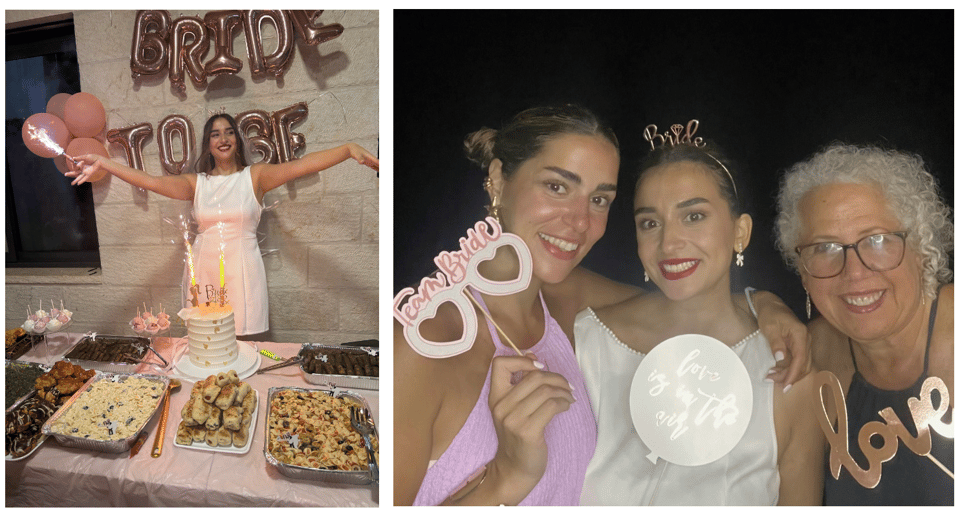A woman in a white dress in front of a table of food and balloons that say 'Bride to be';  three women smiling