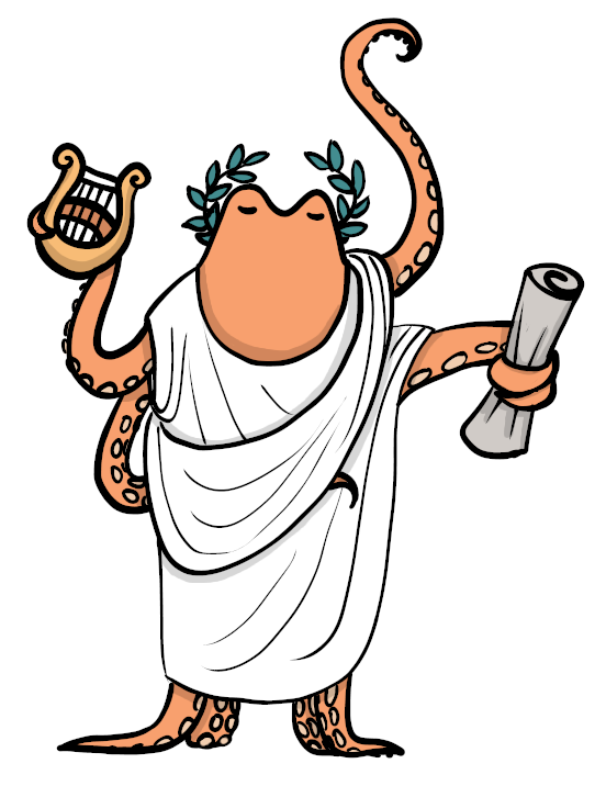 An orange octopus wears a toga and a laurel wreath. It holds a lyre and a scroll. It looks content.