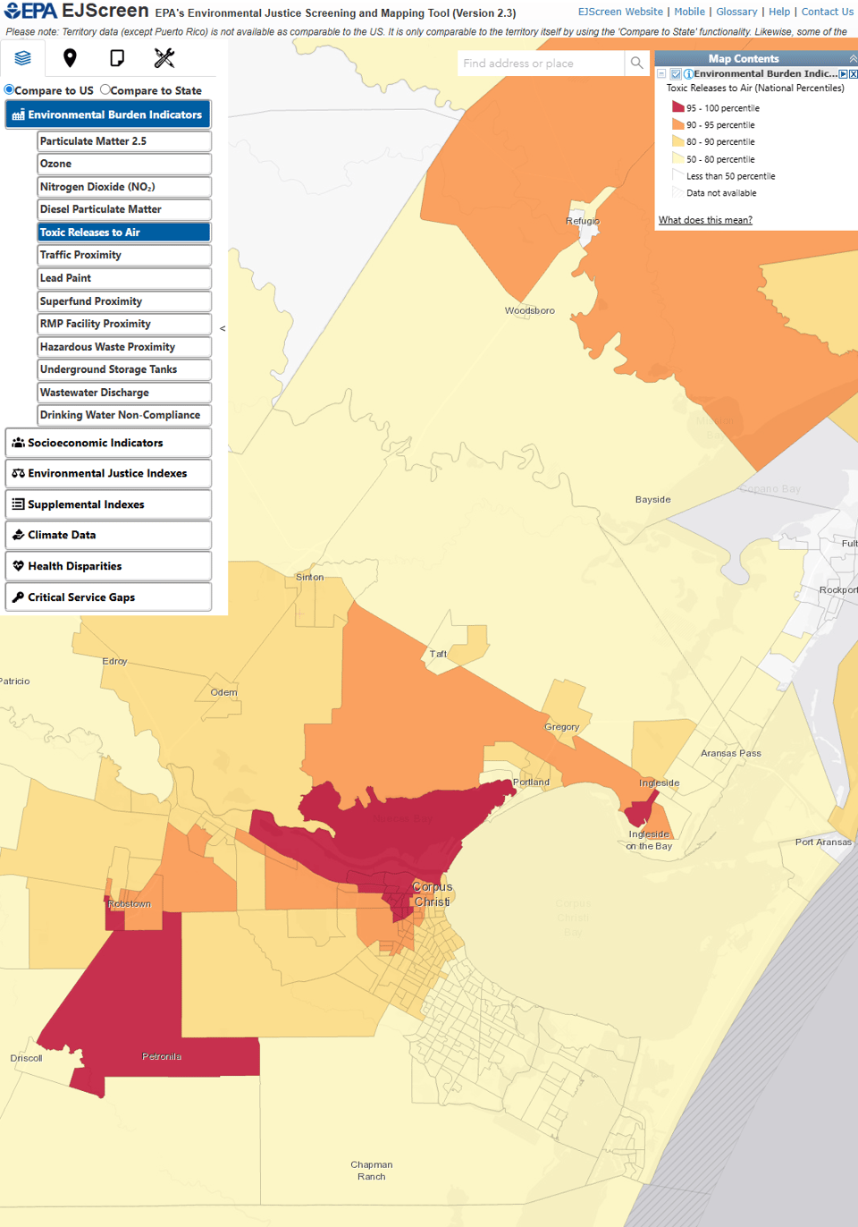 Screenshot of EJScreen showing toxic releases to air at The Texas Coastal Bend