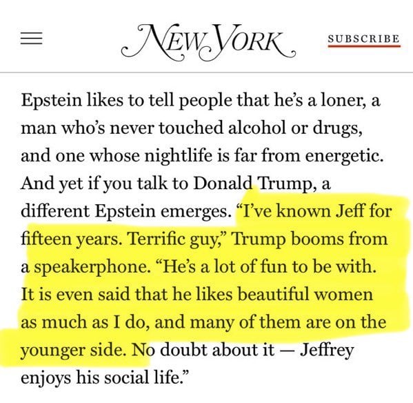 Trump most celebrated line about Epstein proves he knew what was happening for at least 2 decades.
