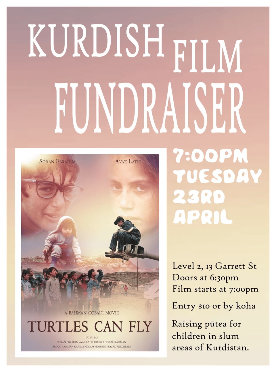 Poster for Kurdish Film Fundraiser, 'Turtles Can Fly'.