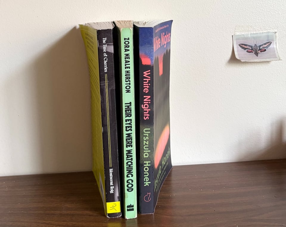 Three books side-by-side: Time of Cherries by Montserrat Roig, Their Eyes Were Watching God by Zora Neale Hurston, and White Nights by Urszula Honek