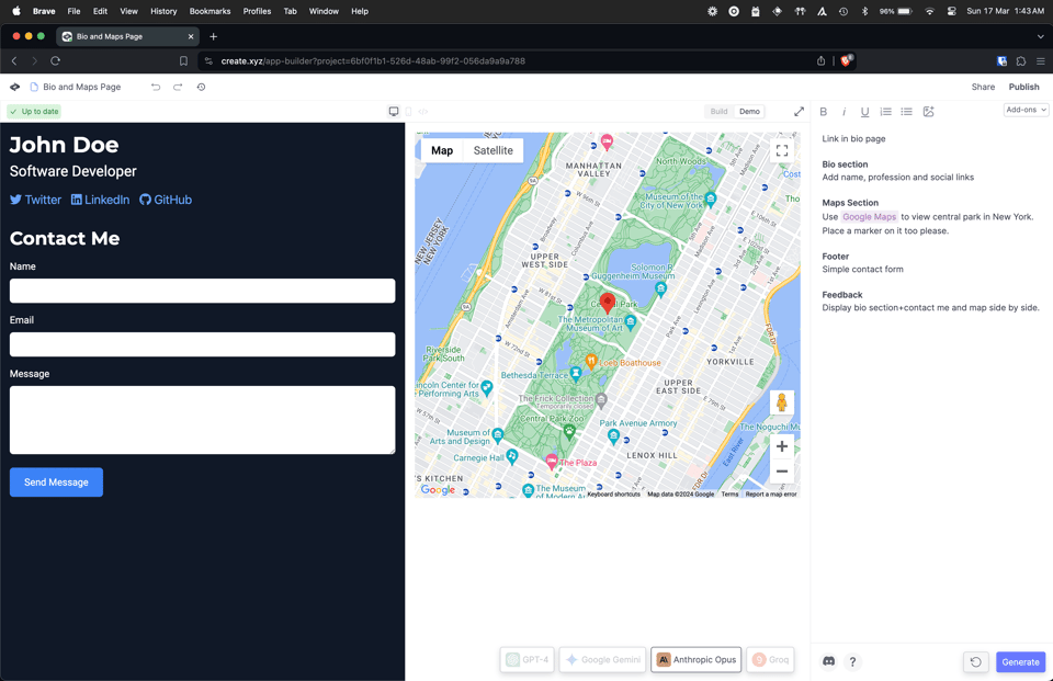 A sample integration of Google Maps, with a contact page and a map of New York