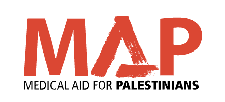 The logo for Medical Aid for Palestinians, which consists of the letters MAP in red, and the full name of the organization below that