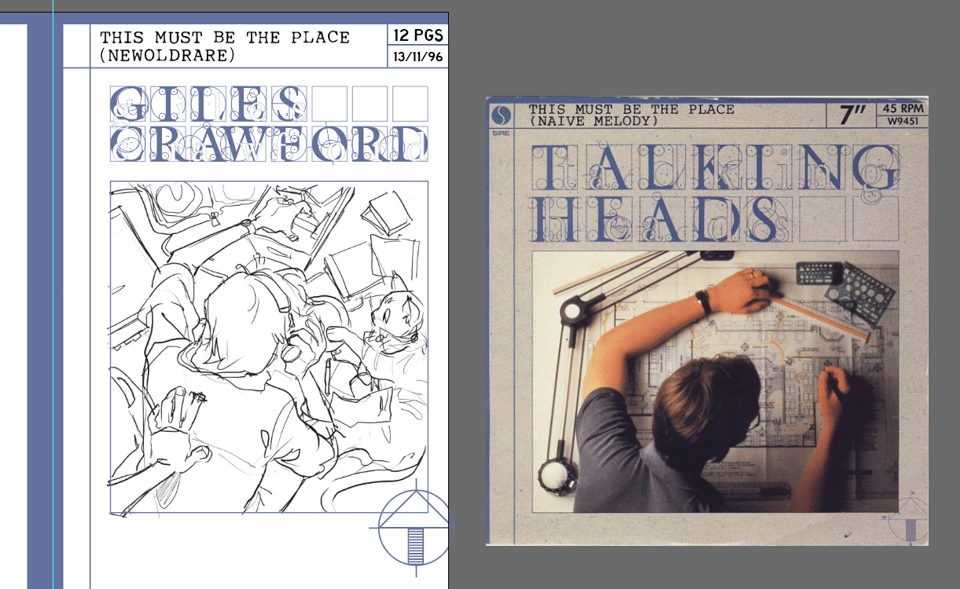 The layout and sketch for a comic cover, parodying the single cover to This Must Be The Place by Talking Heads.