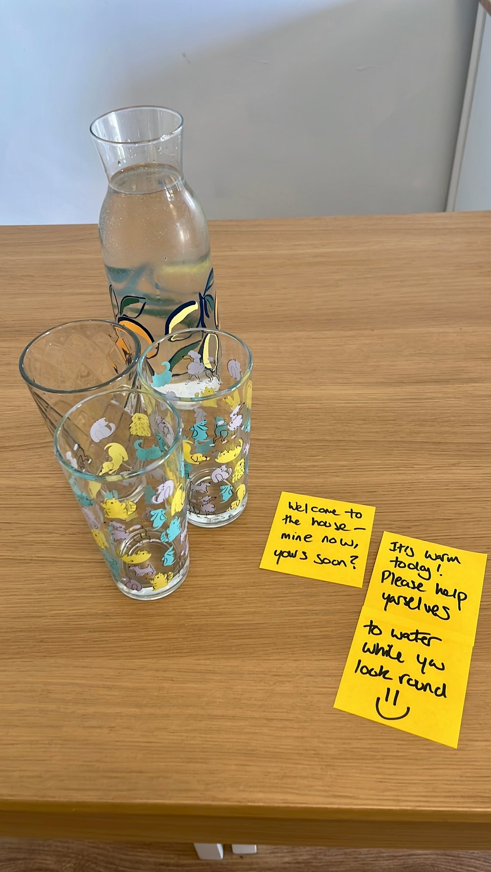 A set of water glasses left out for viewings during the heatwave.