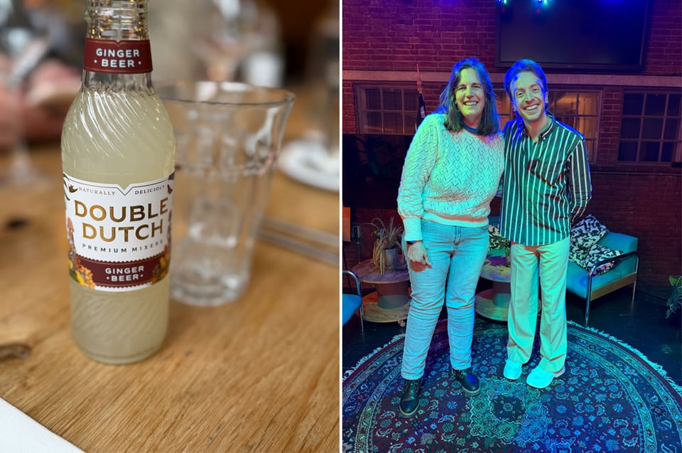 Two photos together. Left-hand photo shows a bottle of Ginger Beer - the brand is "Double Dutch". The right hand photo shows two people standing together under blue light smiling at the camera.
