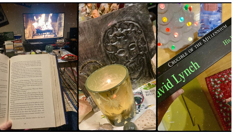 grid with three photos. L-R: a hand holding an open book, with a TV screen playing Fireplace for Your Home in the background; a tin icon of Saturn with a lit candle; a hand holding the books David Lynch: His Life, His Work and Crucible of the Millennium.