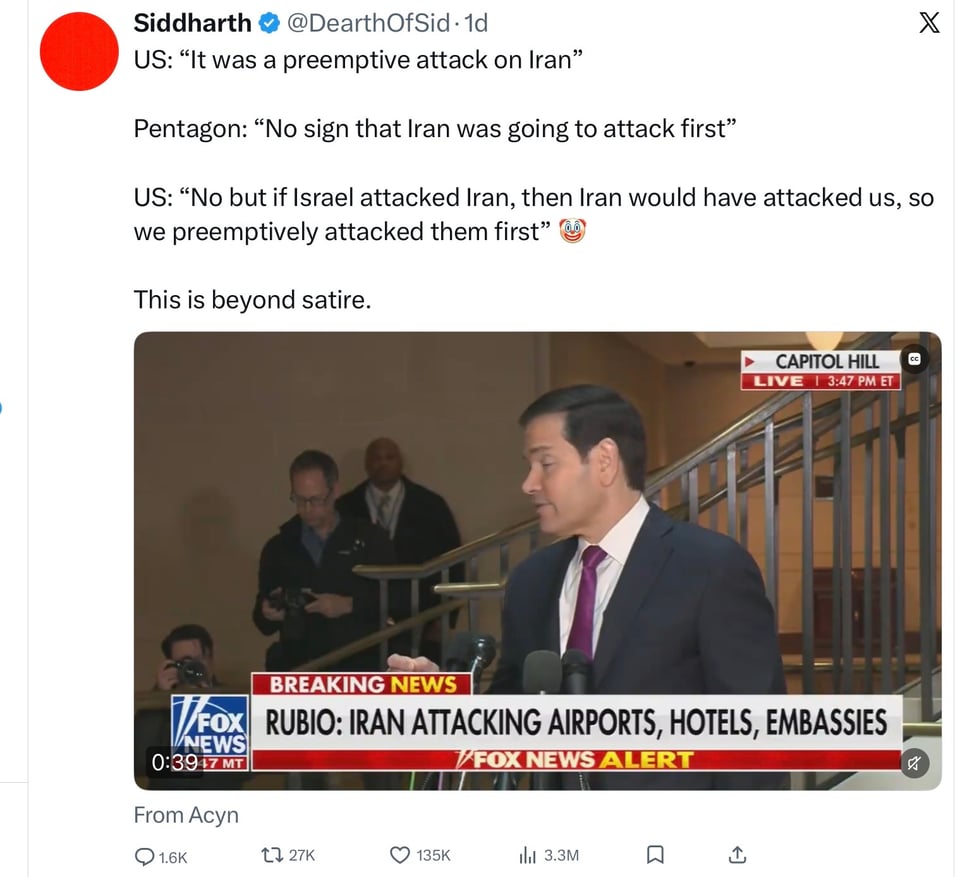 Marco Rubio offers one reason why Trump went to war. 