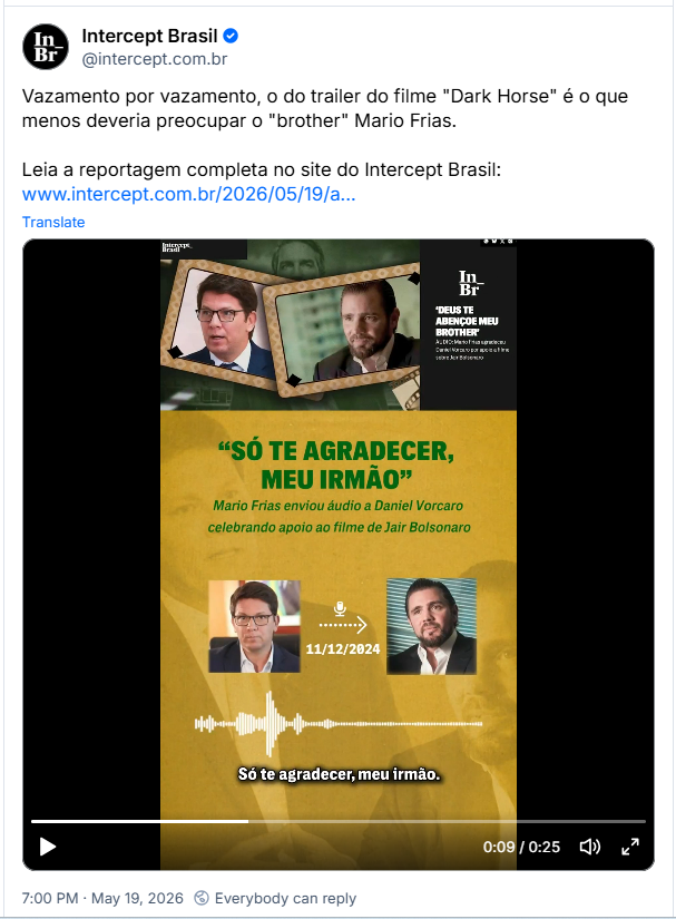 Post de Intercept Brasil (@intercept.com.br): Vazamento por vazamento, o do trailer do filme "Dark Horse" é o que menos deveria preocupar o "brother" Mario Frias. (post contém video)
Leia a reportagem completa no site do Intercept Brasil: https://www.intercept.com.br/2026/05/19/audio-mario-frias-daniel-vorcaro/