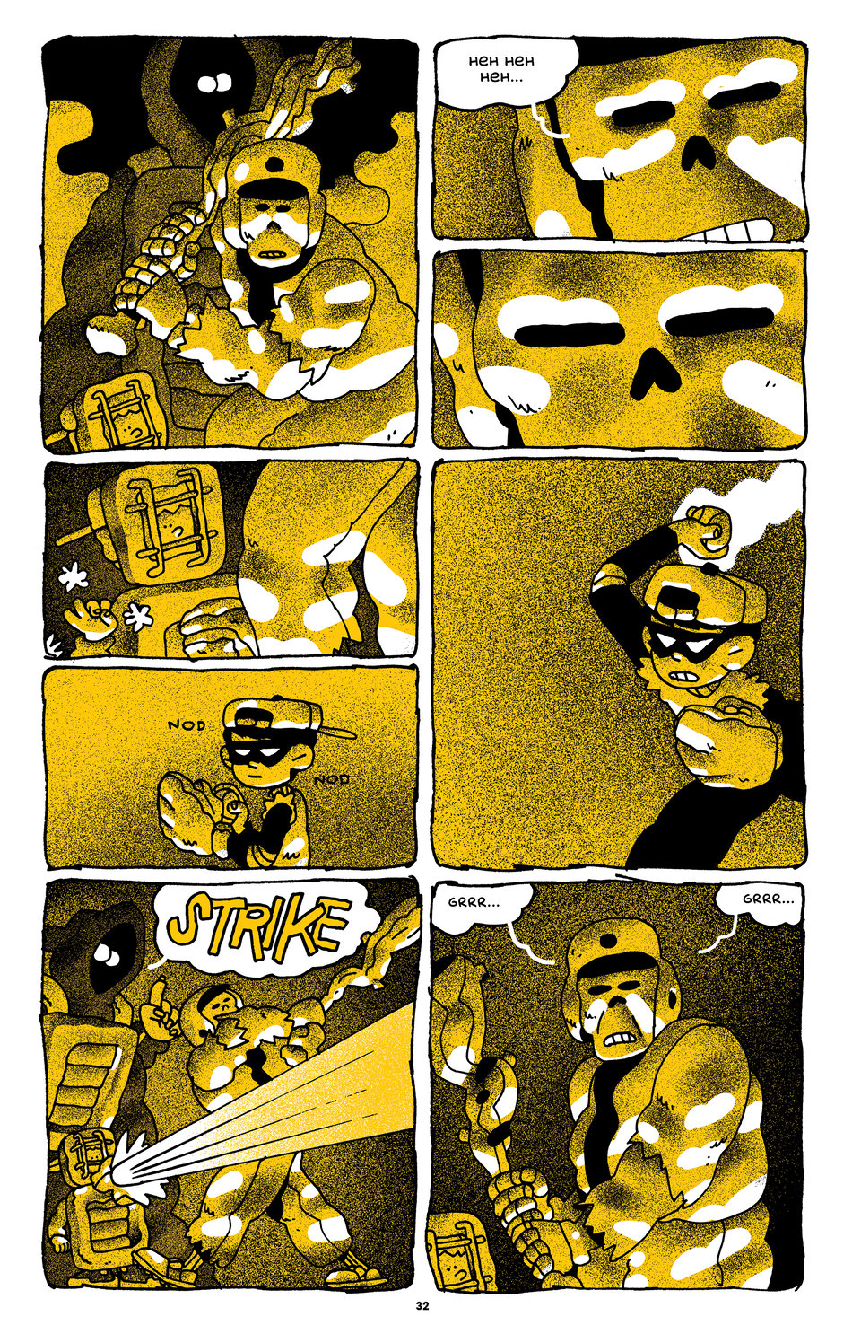 a comic page. black, yellow, and white artwork depicts a baseball game between a group of kids and a ghost team.