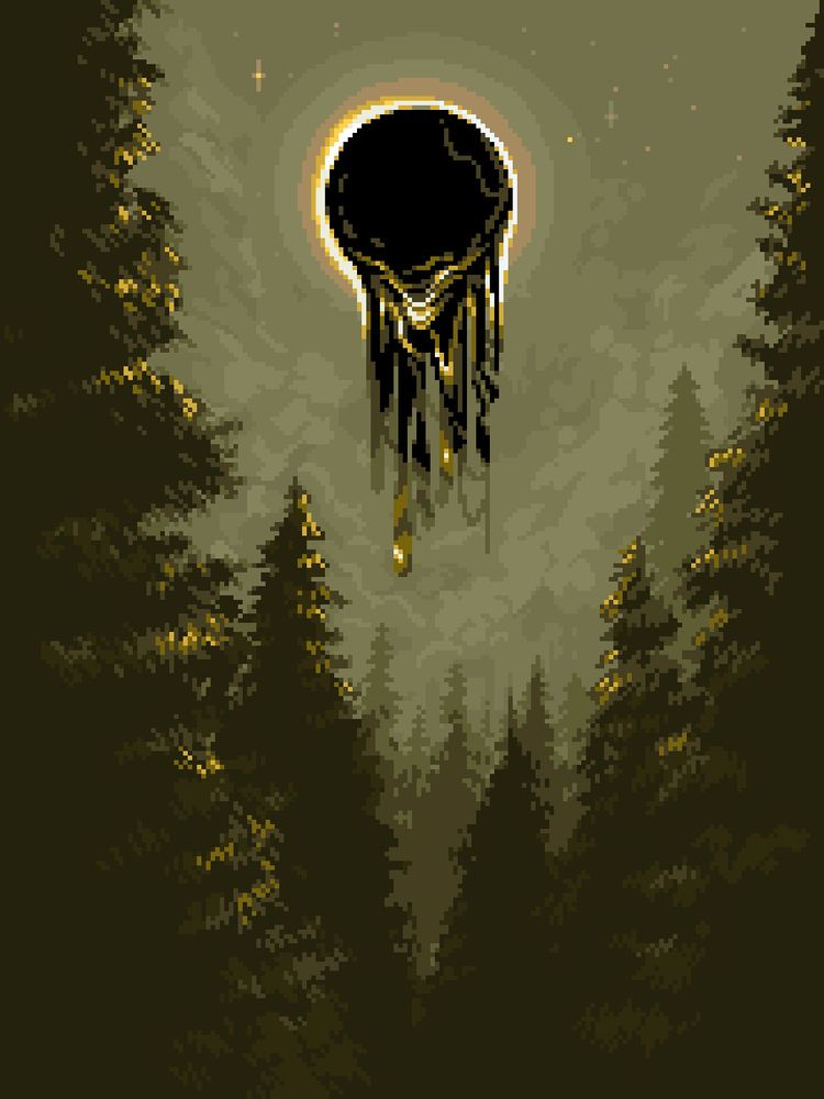 A pixel art scene of the moon in the sky over a haunted-looking forest. The moon appears to be covered in melting black liquid.