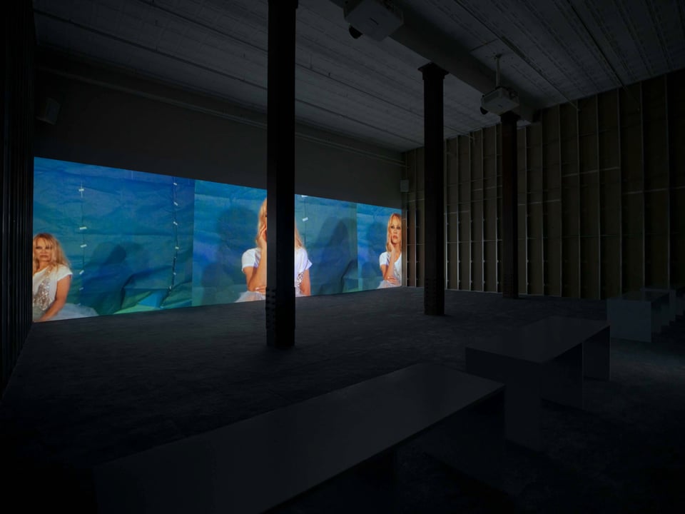 A long horizontal film projection in a dark room; the image is interrupted by columns. In the video, Pamela Anderson poses in front of a blue paper backdrop.