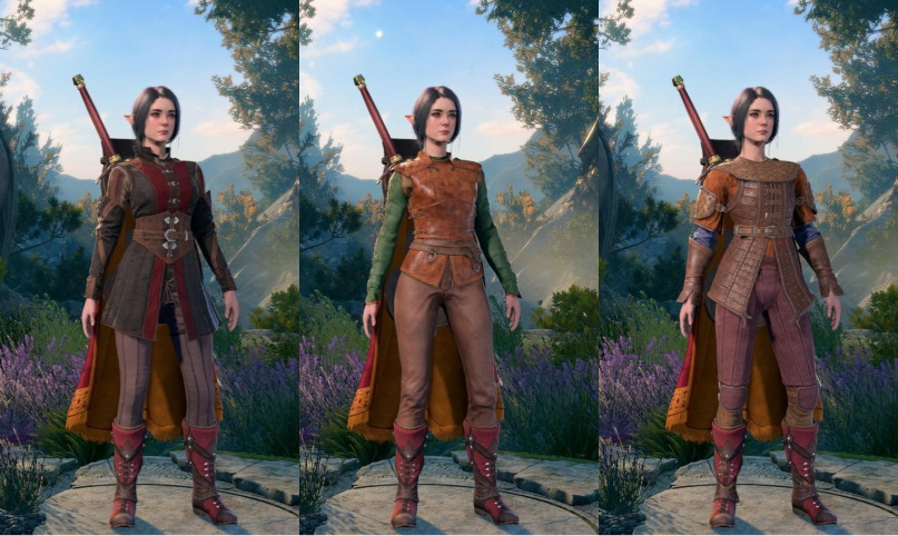 Three images of a woman wearing leather armor. The images are from a moderately realistic video game