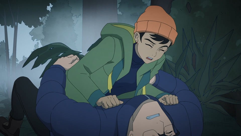 Lois and Clark have toppled over, Lois landing between Clark's open legs so their hips meet, both with their eyes closed and looking to be exerting themselves.